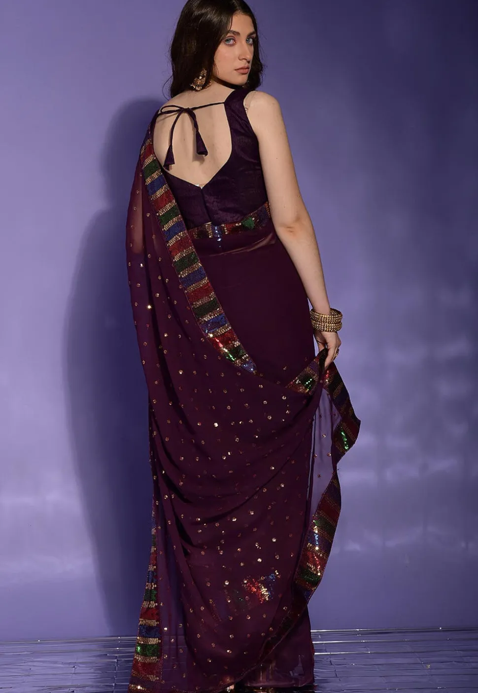 Sequinned Georgette Saree in Wine