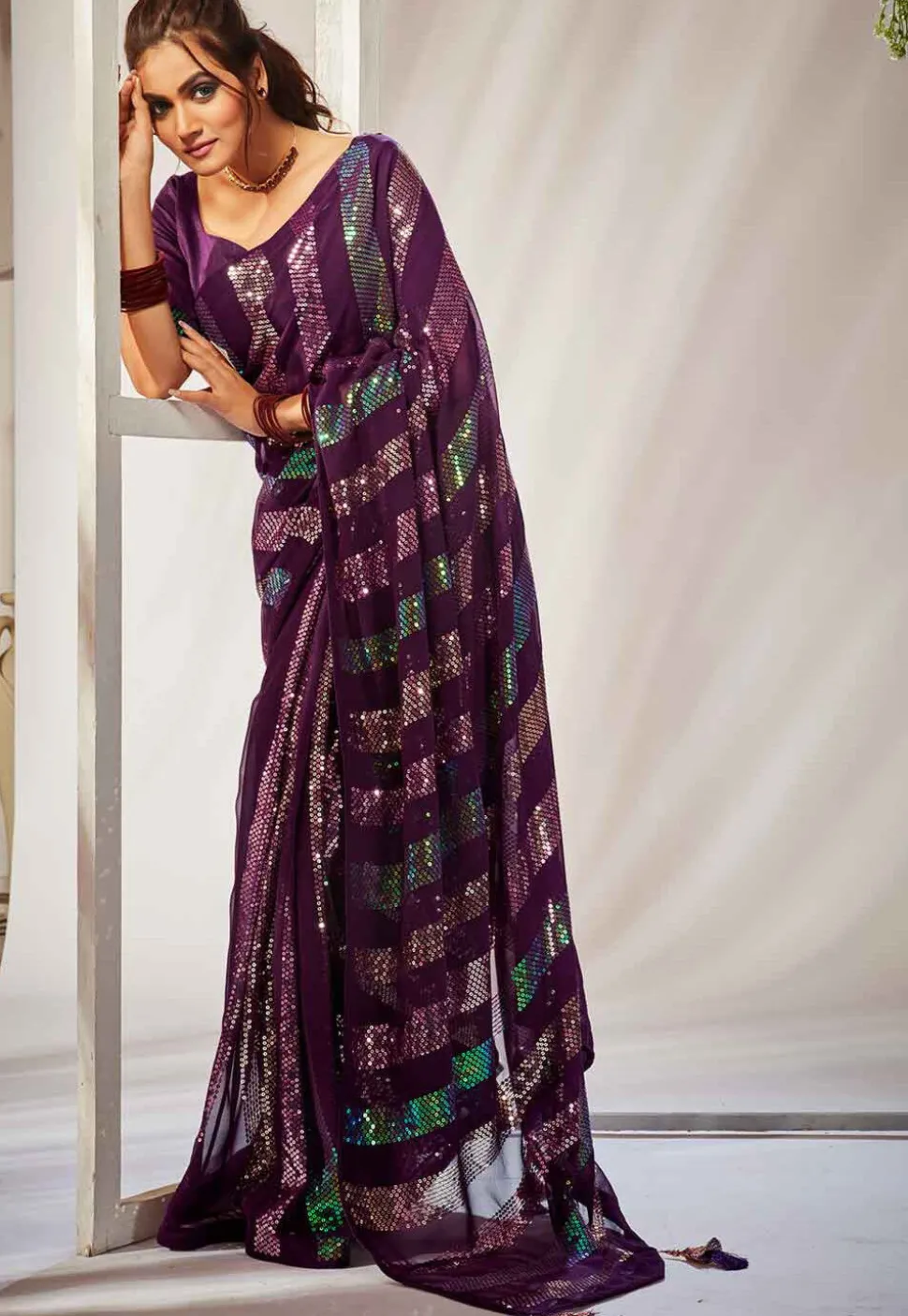 Sequinned Georgette Saree in Wine