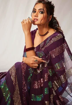 Sequinned Georgette Saree in Wine