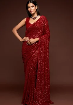 Sequinned Georgette Saree in Red