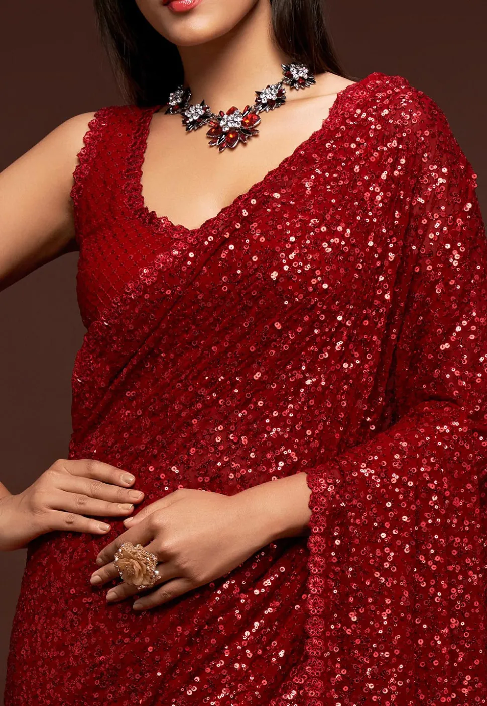 Sequinned Georgette Saree in Red