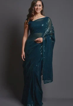 Sequinned Georgette Saree in Dark Teal Blue