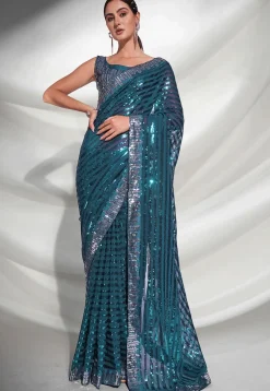 Sequinned Georgette Saree in Teal Blue