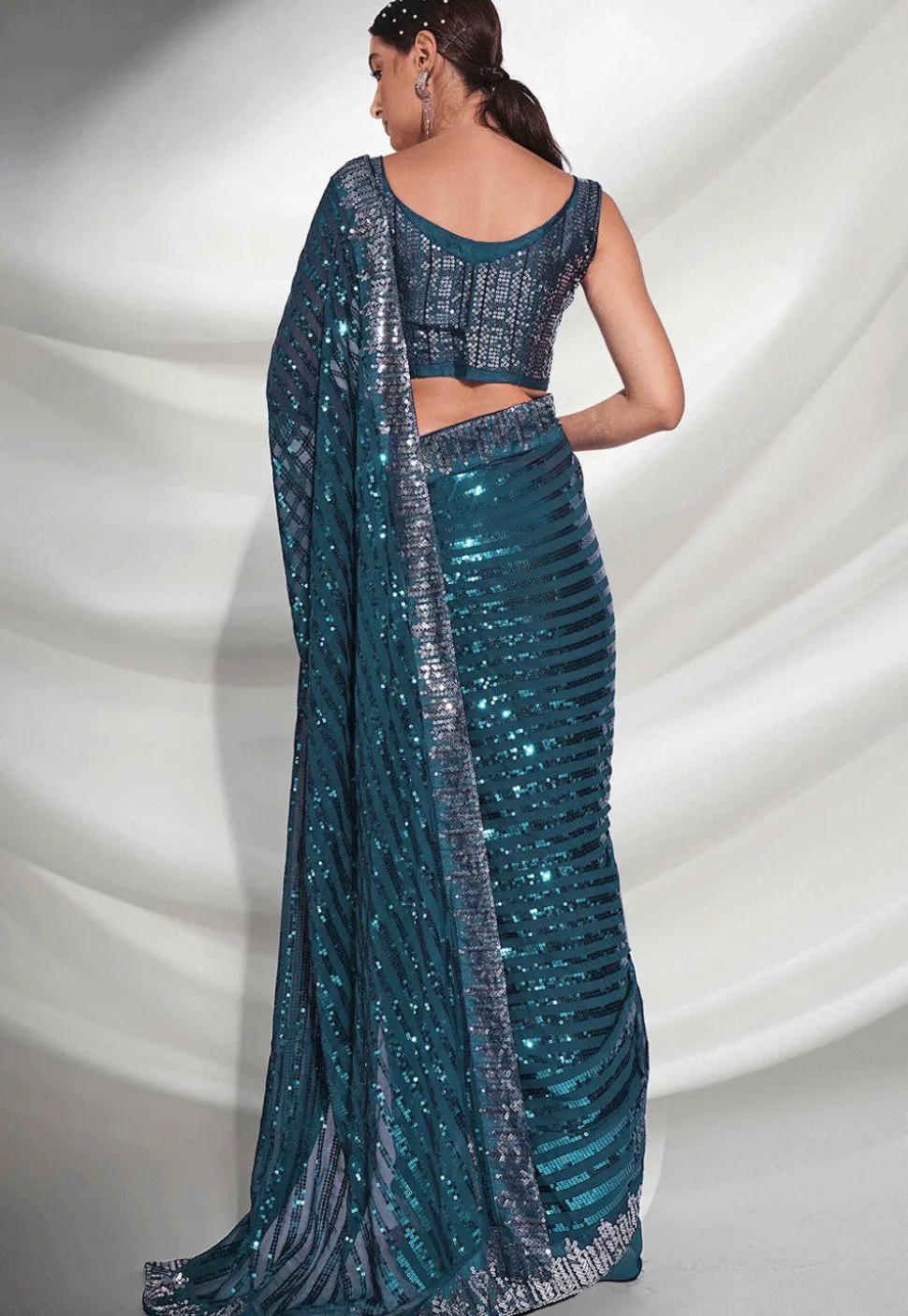 Sequinned Georgette Saree in Teal Blue
