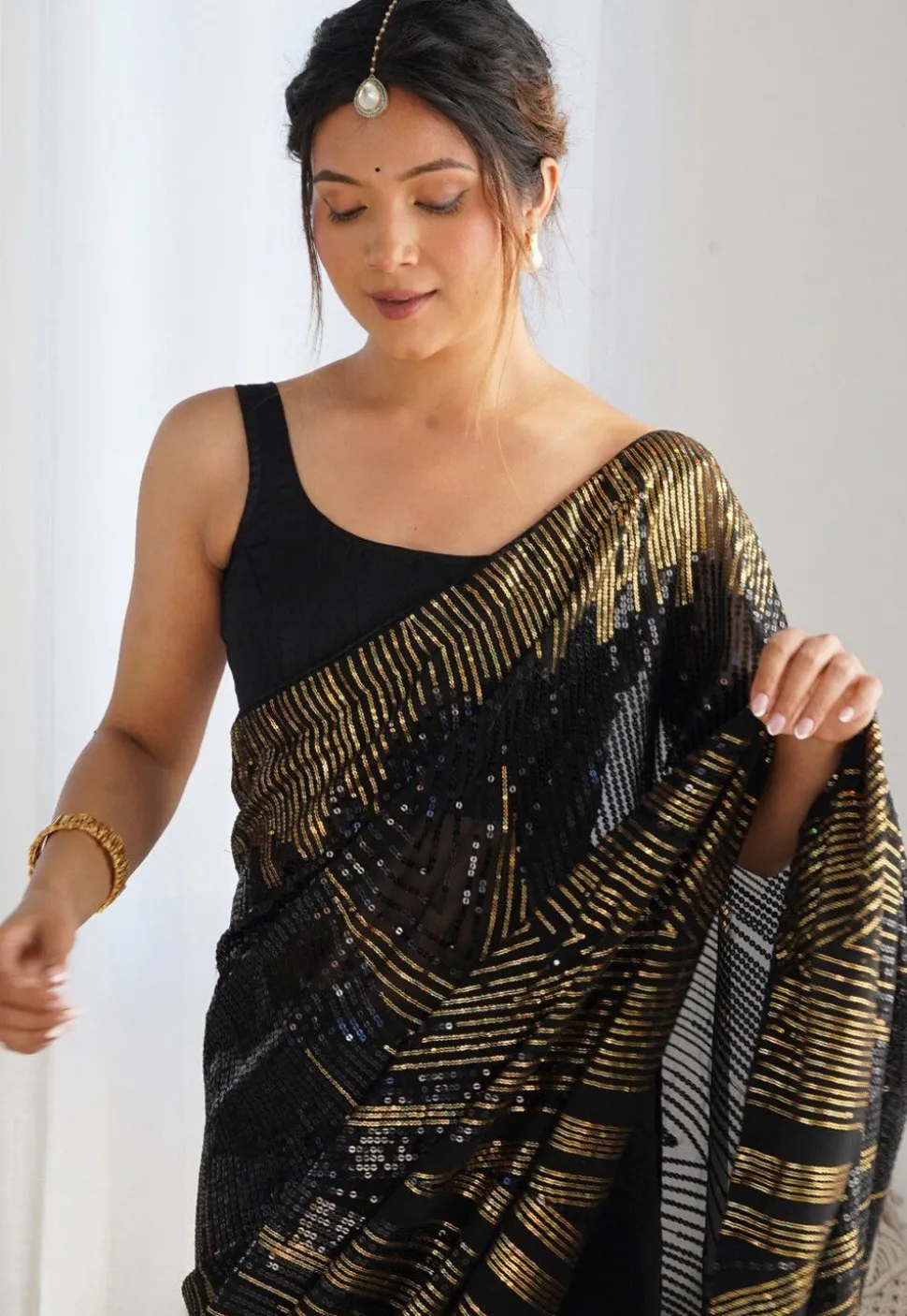 Sequinned Georgette Saree in Black
