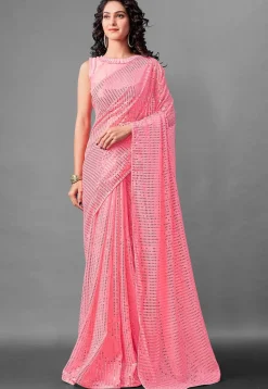 Sequinned Georgette Saree in Pink