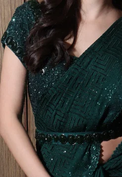 Sequinned Georgette Silk Saree in Dark Green
