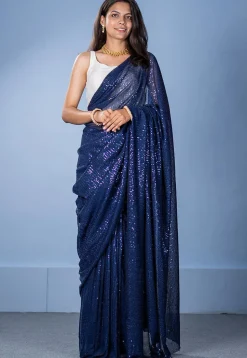 Sequinned Lycra (Elastane) Net Saree in Dark Blue
