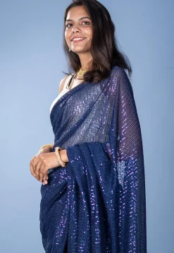 Sequinned Lycra (Elastane) Net Saree in Dark Blue