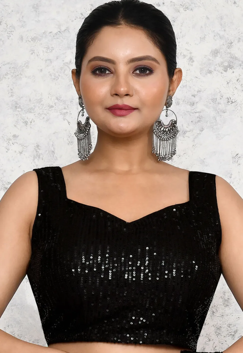 Sequinned Lycra Net Saree in Black