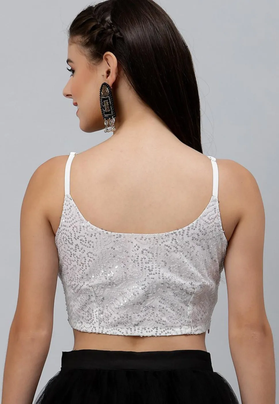 Sequinned Net Crop Top in White