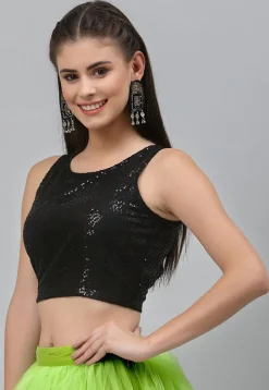 Sequinned Net Crop Top in Black