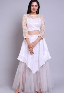 Sequinned Net Crop Top with Skirt in White