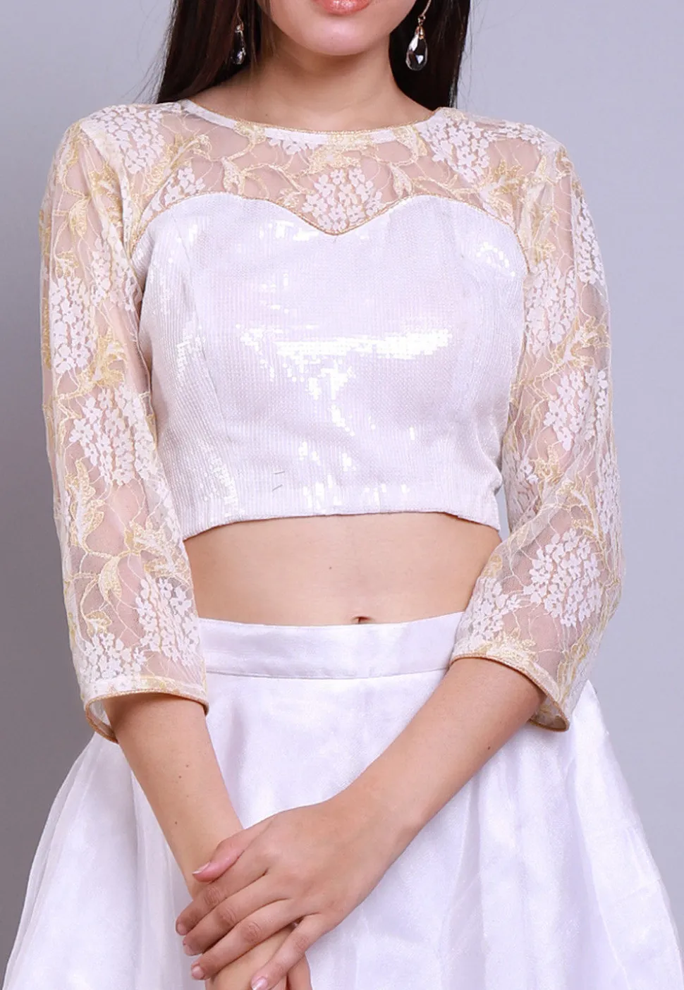 Sequinned Net Crop Top with Skirt in White