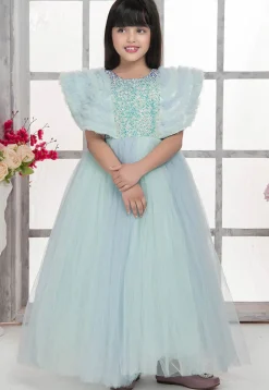 Sequinned Net Gown in Blue