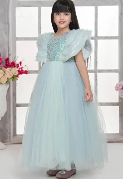 Sequinned Net Gown in Blue