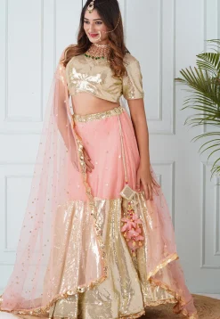 Sequinned Net Lehenga in Peach and Beige
