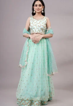 Sequinned Net Lehenga in Sea Green