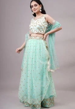Sequinned Net Lehenga in Sea Green
