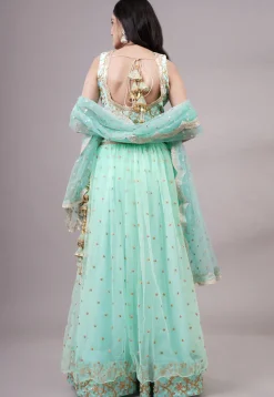 Sequinned Net Lehenga in Sea Green