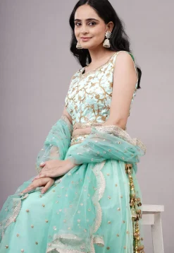 Sequinned Net Lehenga in Sea Green