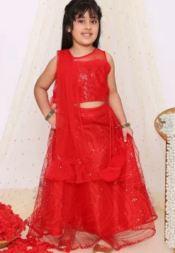 Sequinned Net Lehenga in Red