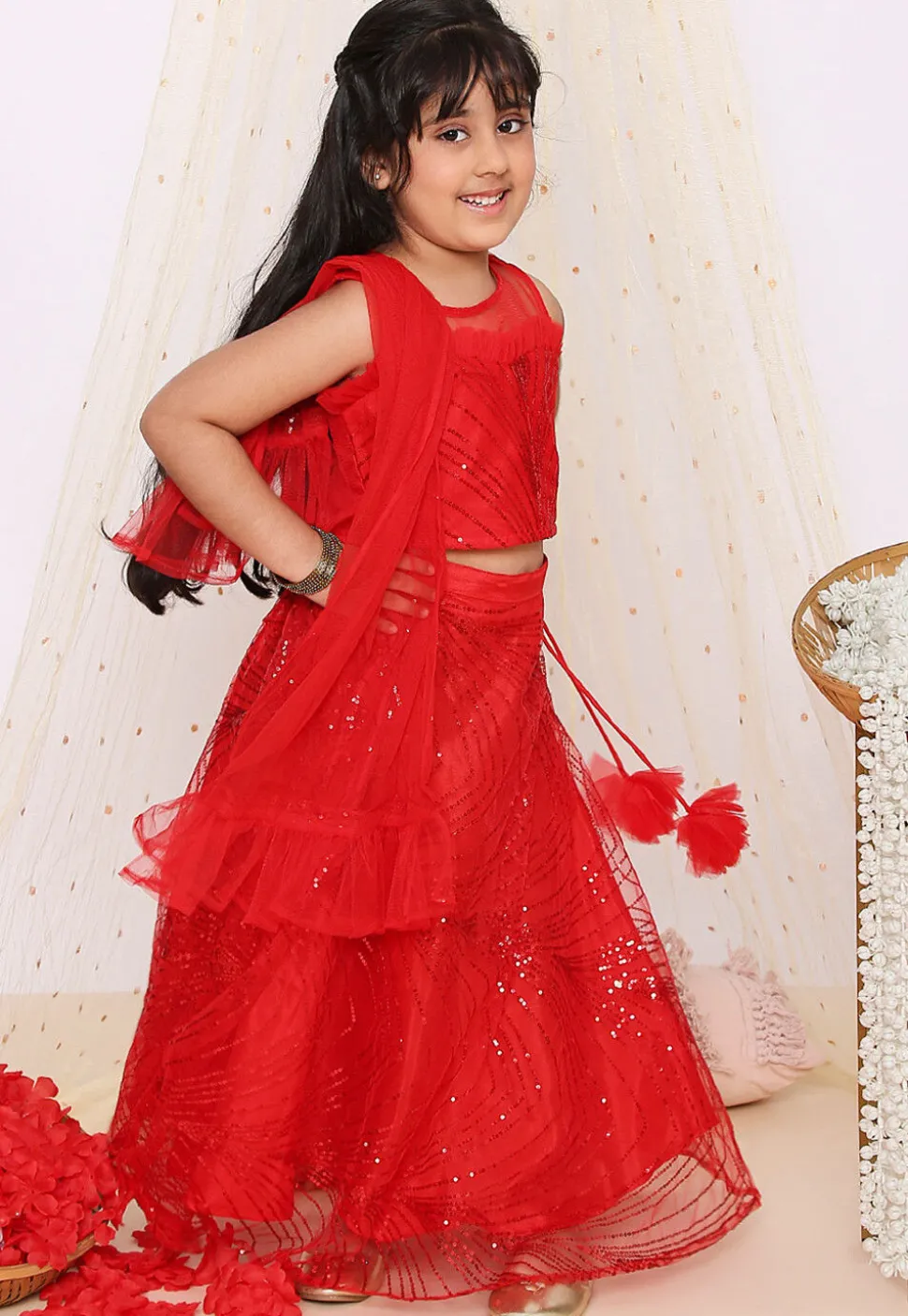 Sequinned Net Lehenga in Red