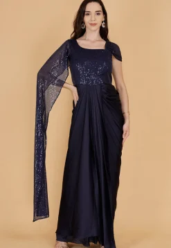 Sequinned Satin Gown in Navy Blue