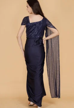 Sequinned Satin Gown in Navy Blue