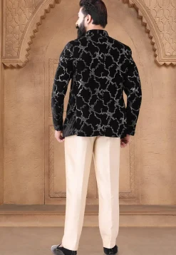 Sequinned Velvet Jodhpuri Suit in Black
