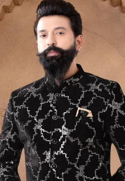 Sequinned Velvet Jodhpuri Suit in Black
