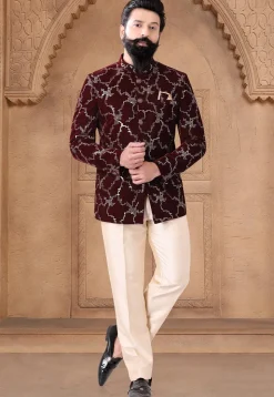 Sequinned Velvet Jodhpuri Suit in Maroon