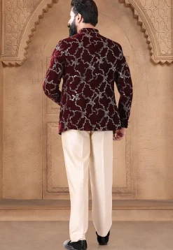 Sequinned Velvet Jodhpuri Suit in Maroon