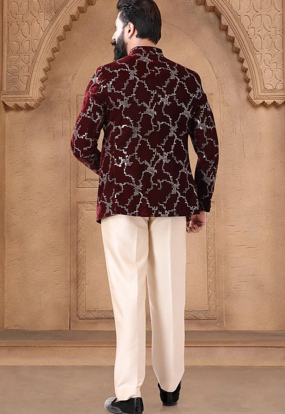 Sequinned Velvet Jodhpuri Suit in Maroon