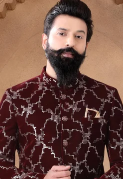 Sequinned Velvet Jodhpuri Suit in Maroon