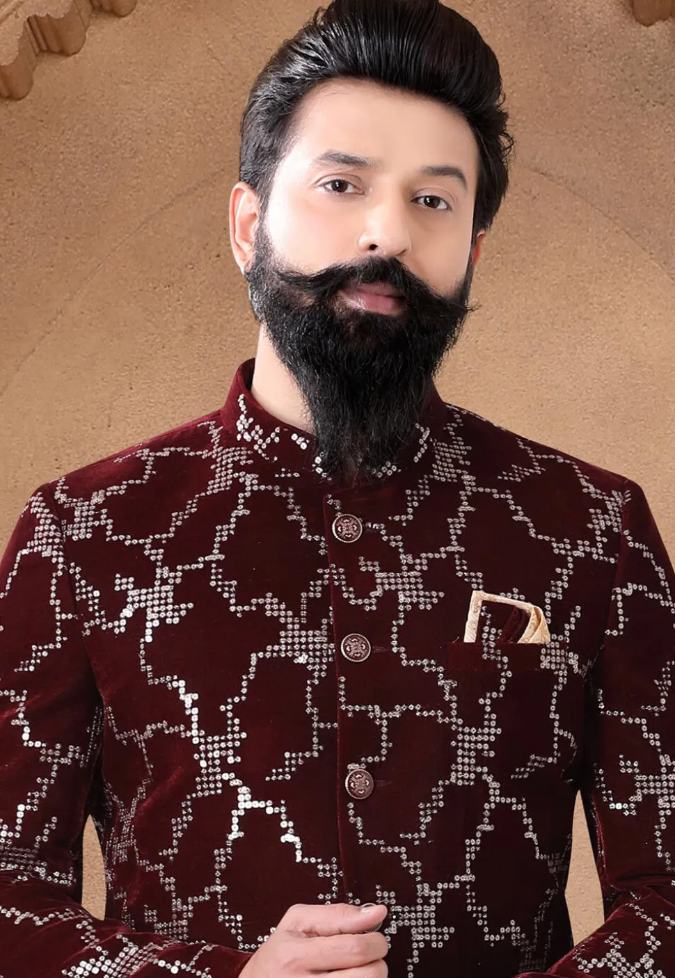 Sequinned Velvet Jodhpuri Suit in Maroon