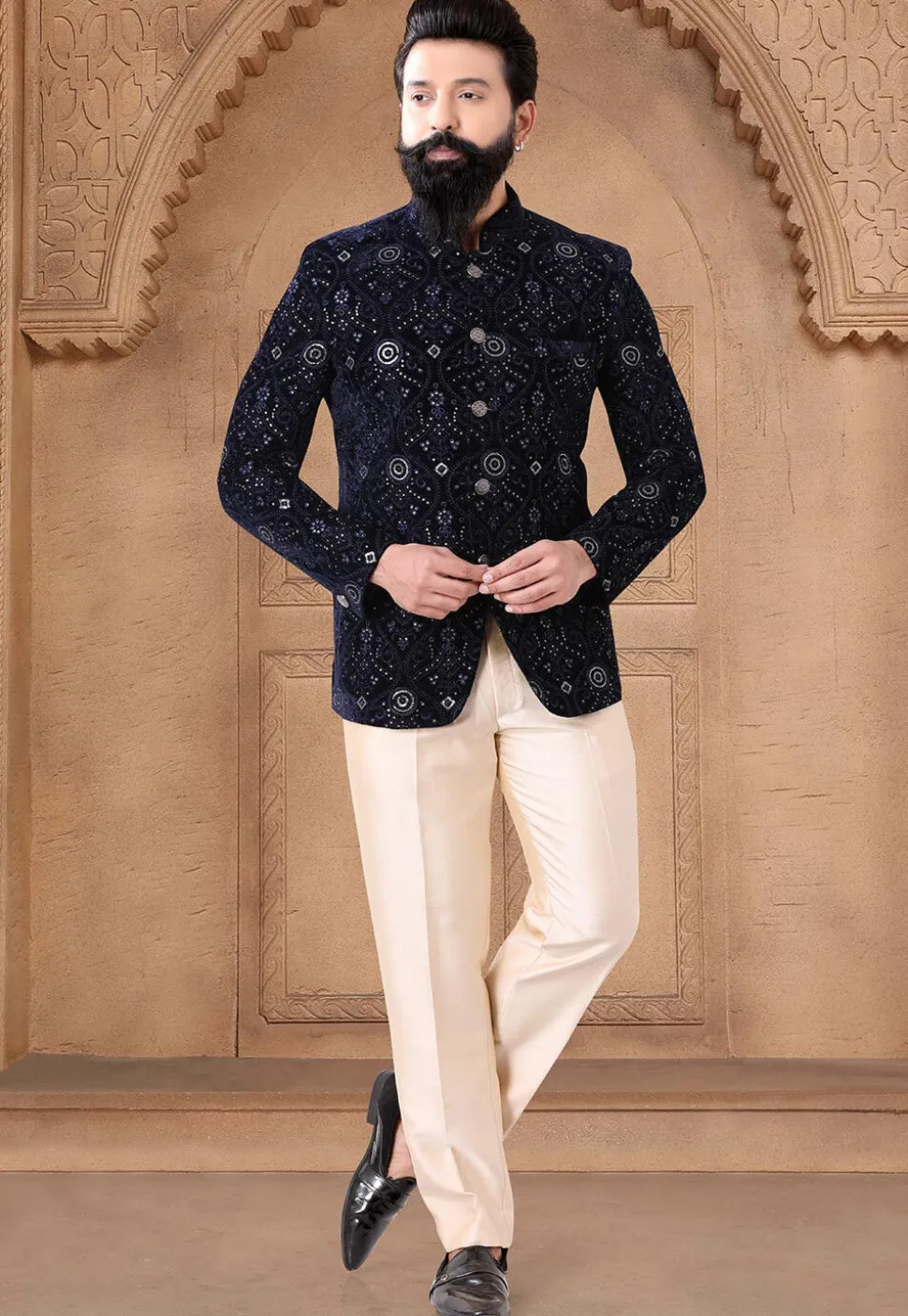 Sequinned Velvet Jodhpuri Suit in Navy Blue