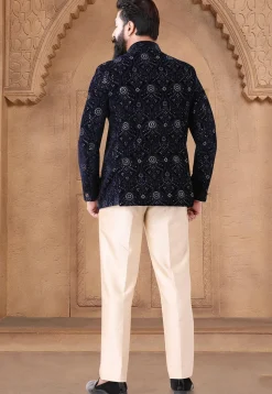 Sequinned Velvet Jodhpuri Suit in Navy Blue