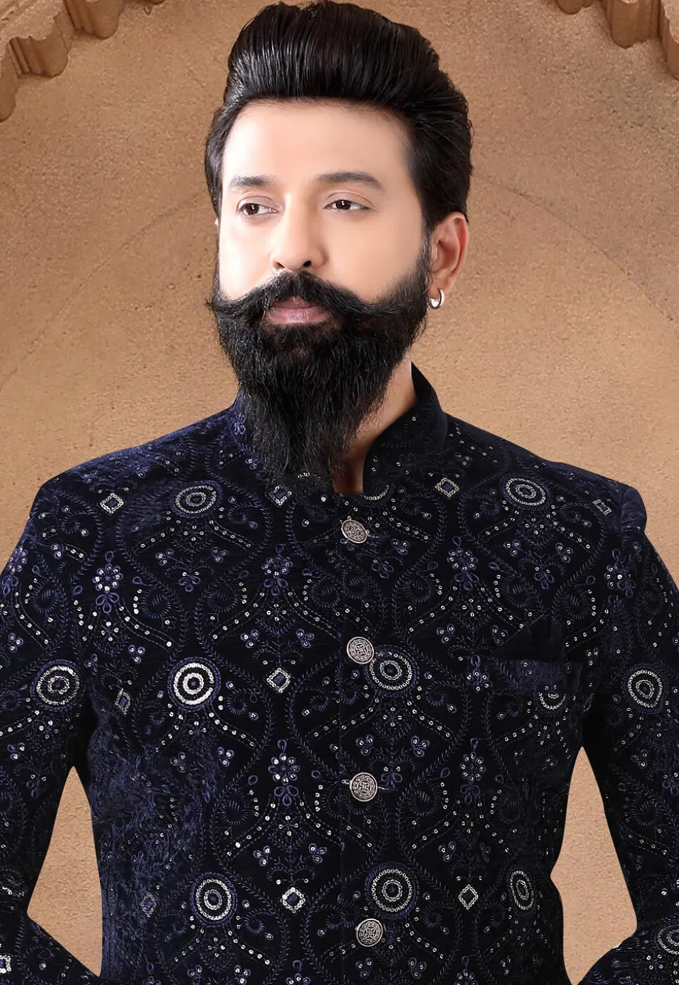 Sequinned Velvet Jodhpuri Suit in Navy Blue