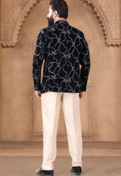 Sequinned Velvet Jodhpuri Suit in Navy Blue