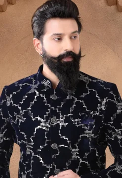 Sequinned Velvet Jodhpuri Suit in Navy Blue