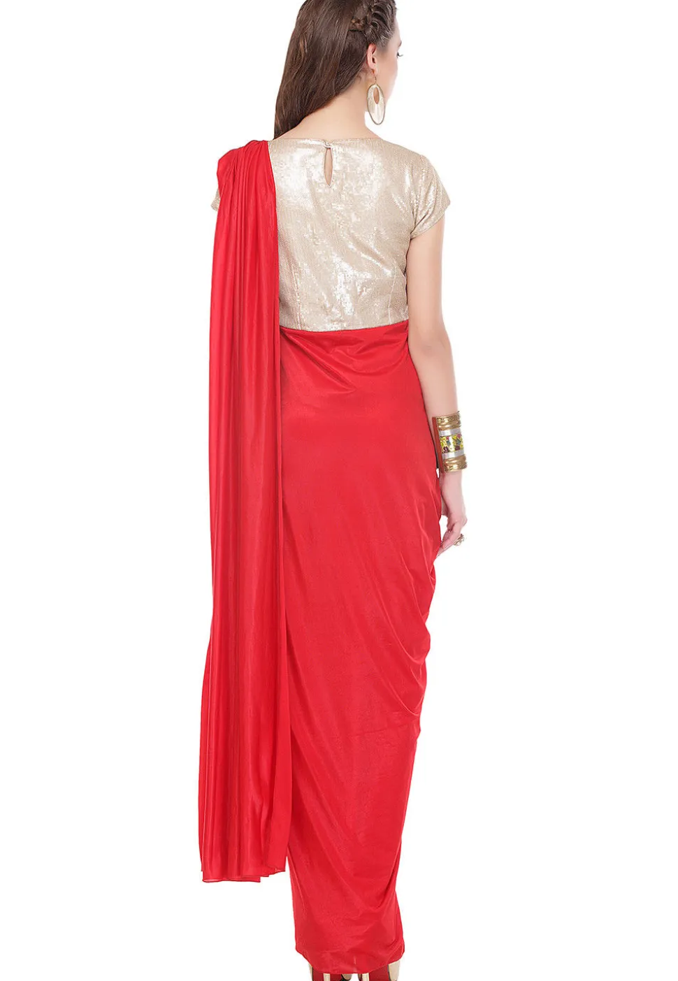 Sequins Embroidered Lycra Draping Dress in Red and Golden