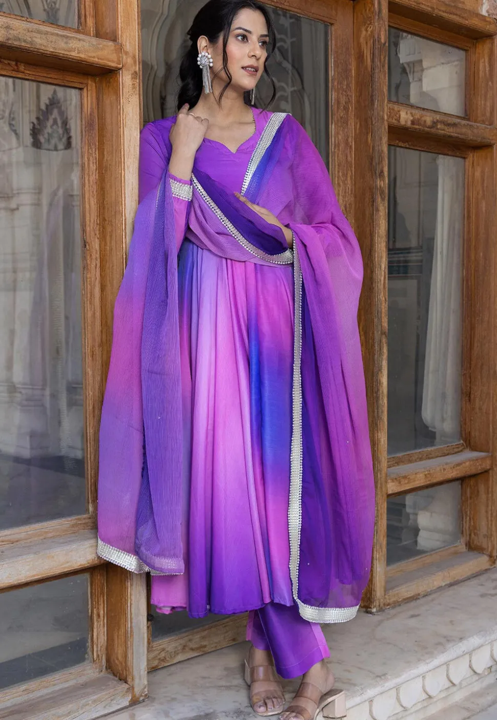 Shaded Muslin Silk A Line Suit in Purple