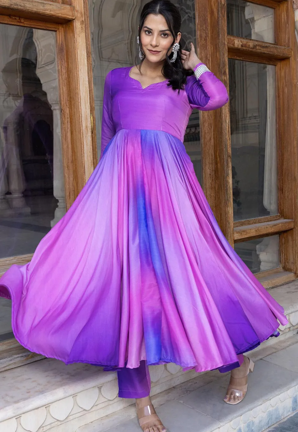 Shaded Muslin Silk A Line Suit in Purple