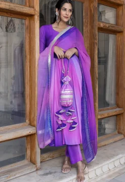 Shaded Muslin Silk A Line Suit in Purple