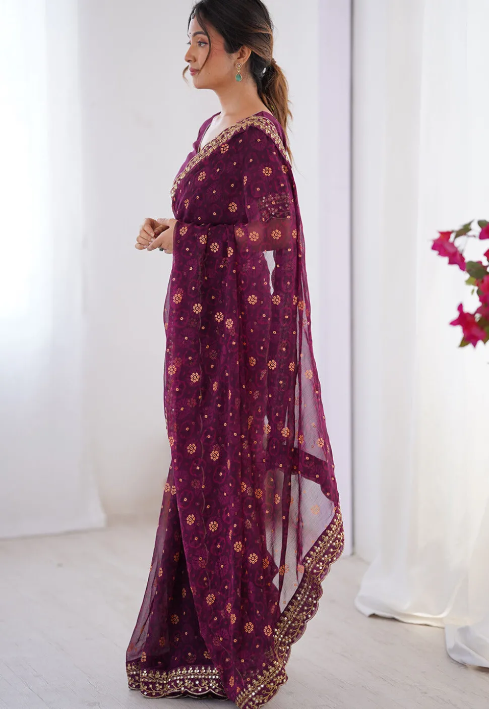Shibhori Printed Georgette Scalloped Saree in Purple