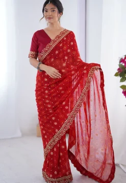 Shibhori Printed Georgette Scalloped Saree in Red