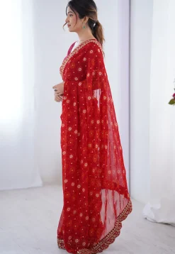 Shibhori Printed Georgette Scalloped Saree in Red