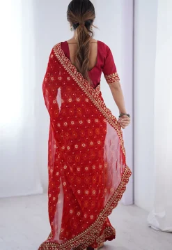 Shibhori Printed Georgette Scalloped Saree in Red