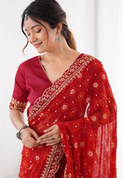 Shibhori Printed Georgette Scalloped Saree in Red